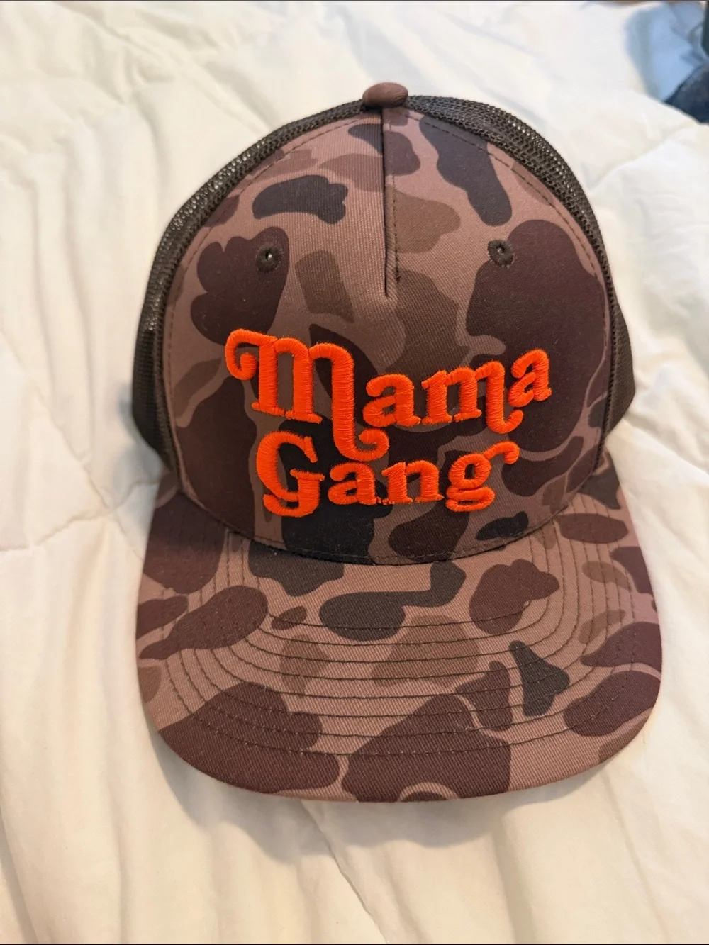 Mama Gang Camo Trucker Hat with Orange Embroidery
